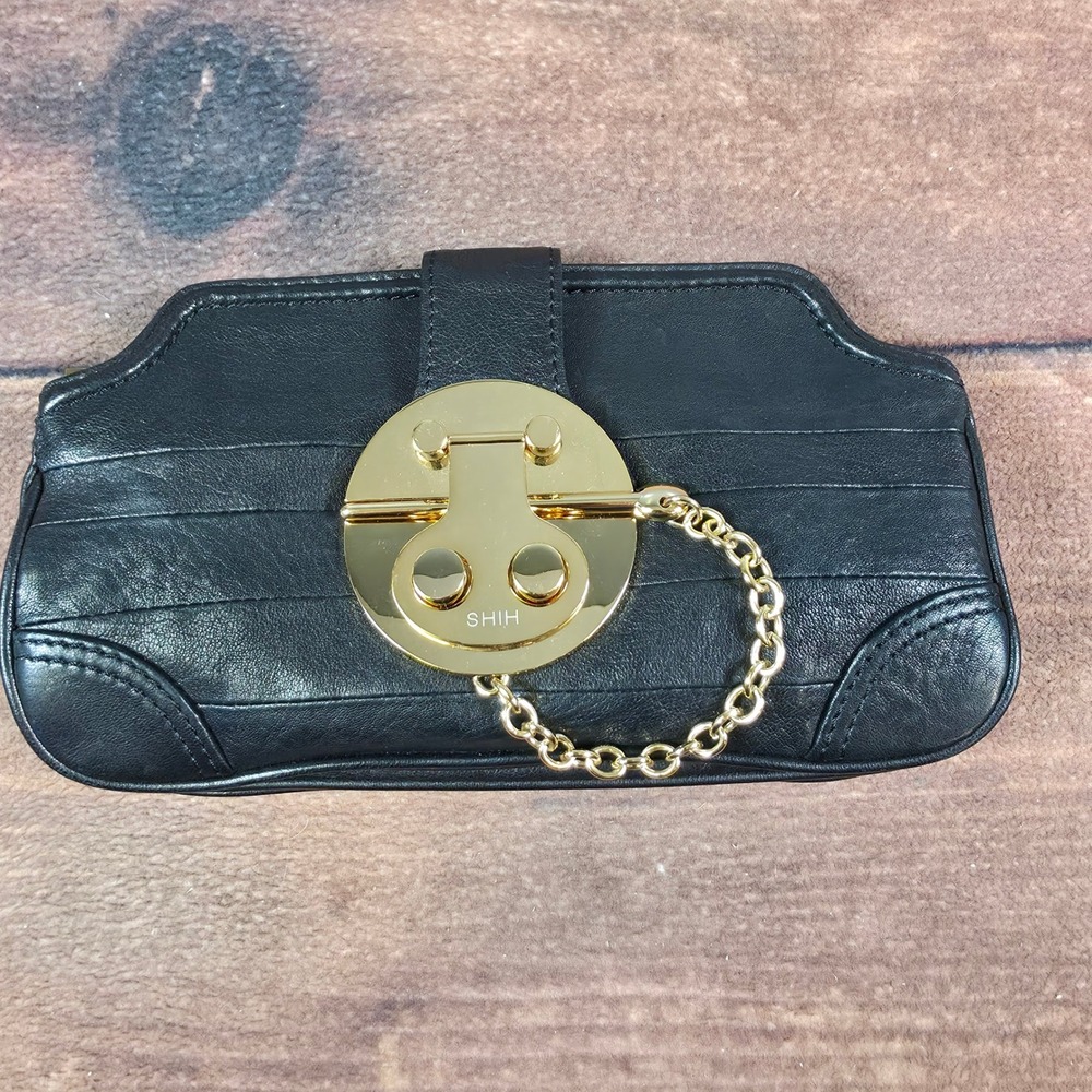 SHIH Bag Womens Small Black Good Leather Gold Chain Lock